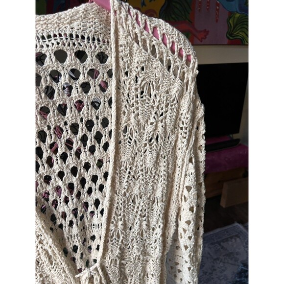 Free People Long Crochet Cardigan Duster Sweater Cream Size Large Boho Festival - Picture 3 of 6